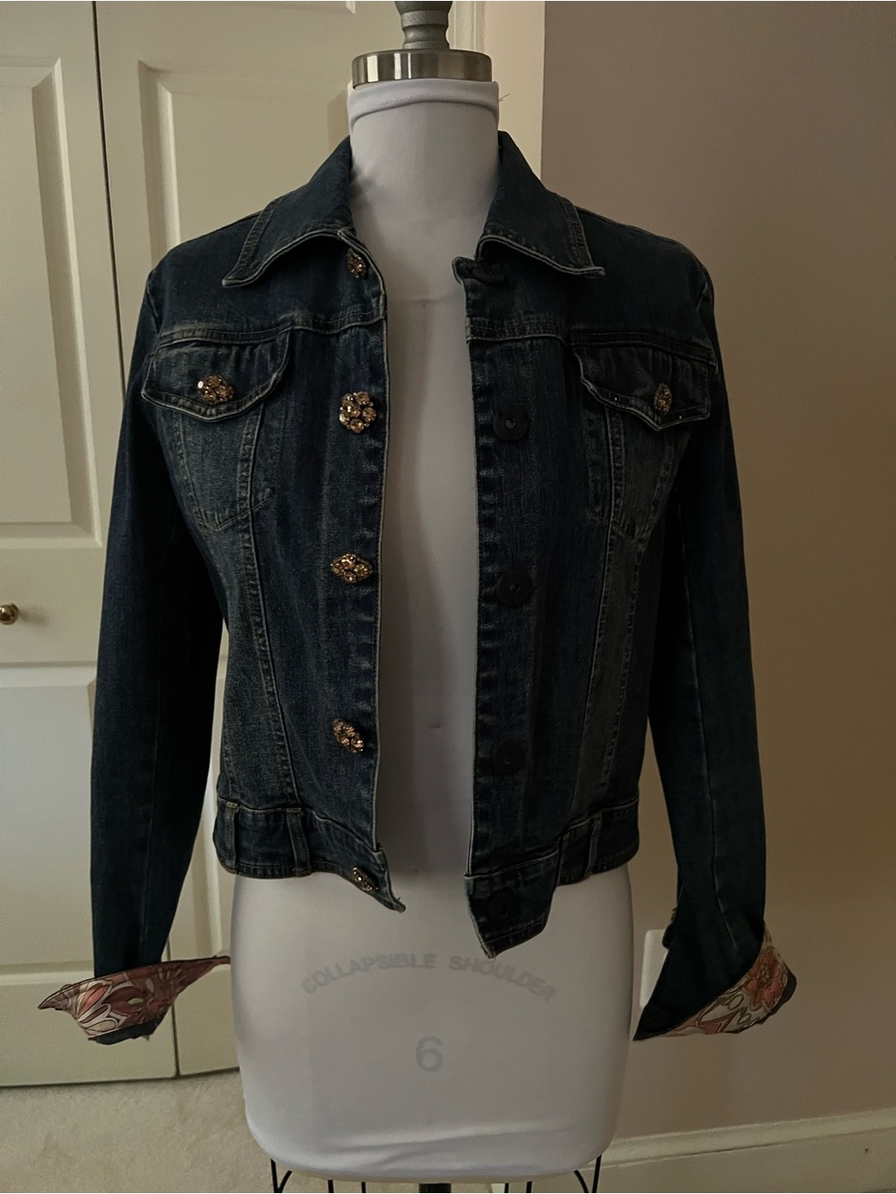 BCBG Dark Denim Jean Jacket with Embellished Buttons